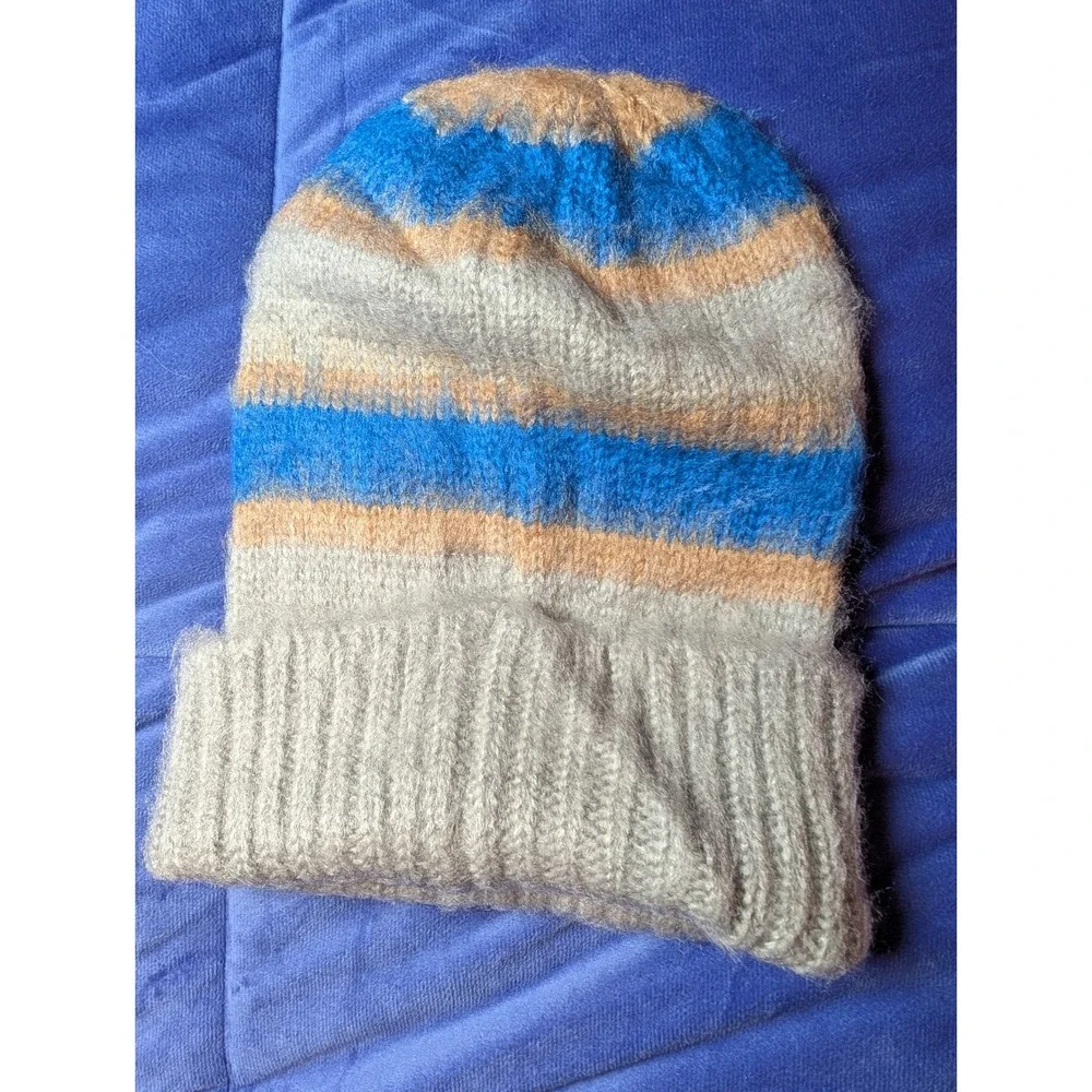 Free People Beanie Hat Womens OS Grey Blue Prep Stripe Fuzzy Knit NWT
